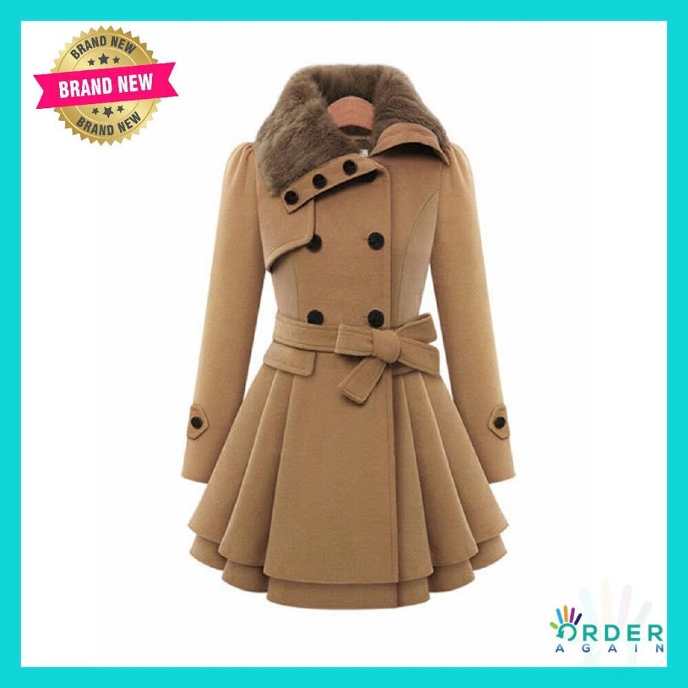 Double Breasted Trench Coat Faux Fur Lapel Flared Hem Belted Winter Wool